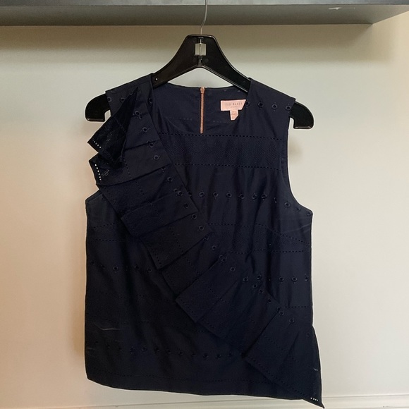 Ted Baker London Navy Tank Eyelet Blouse with Ruffles and Rose Gold Zipper - Picture 1 of 3